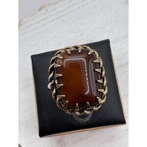 Vintage Large Brown Glass Cabochon Statement Ring Adjustable Prong Set